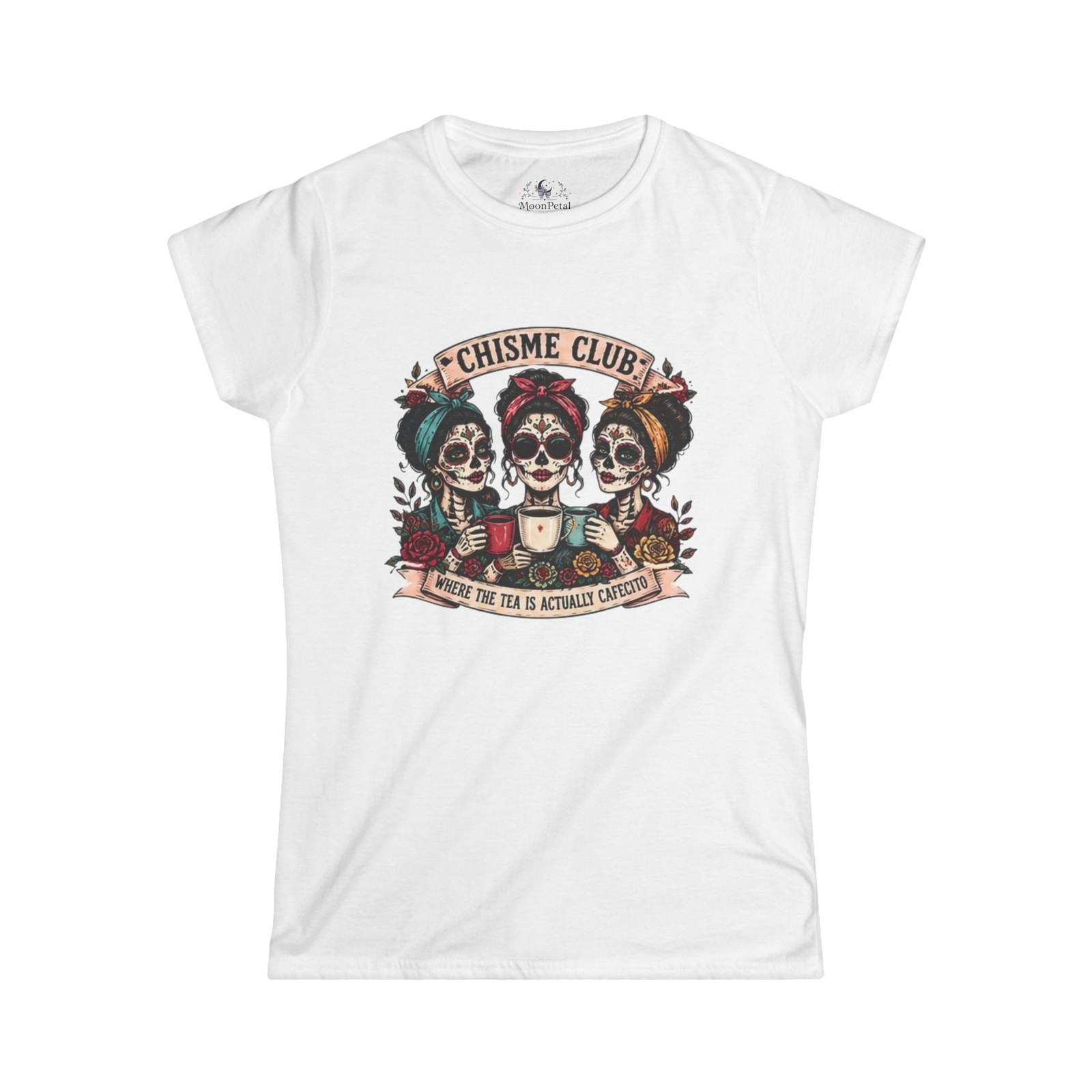 Chisme Club skull ladies tee | Day of the Dead gossip graphic tee
