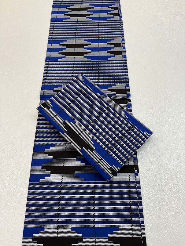 Kente Print African Super Quality Wax Prints Sell by 6 Yards-Blue Black White