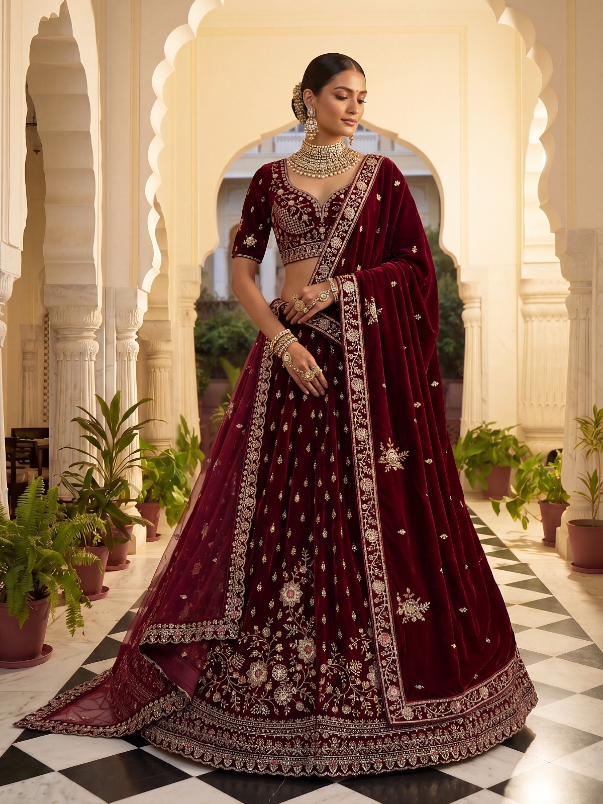 Women’s Velvet Lehenga Choli Crystal Zircon Zari Embroidered Wedding Wear