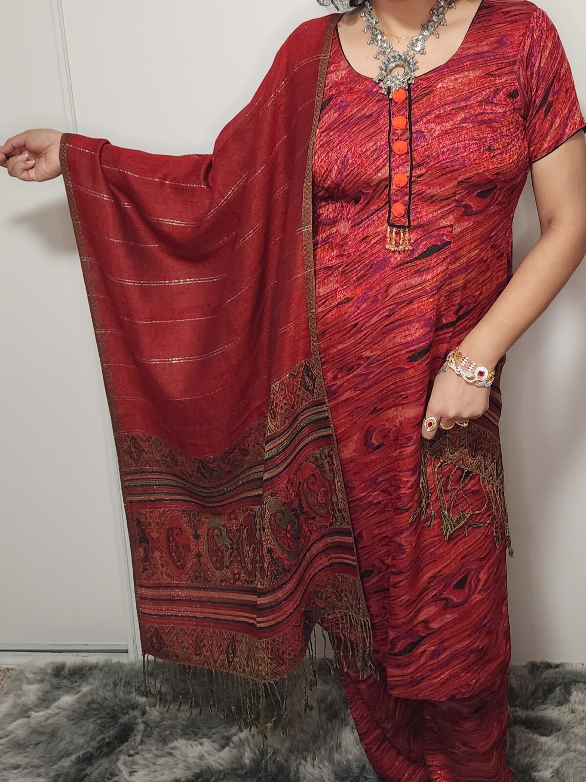 XL 42 Readymade stitched Wool Blend bollywood Trouser Pant Kameez Dupatta Red