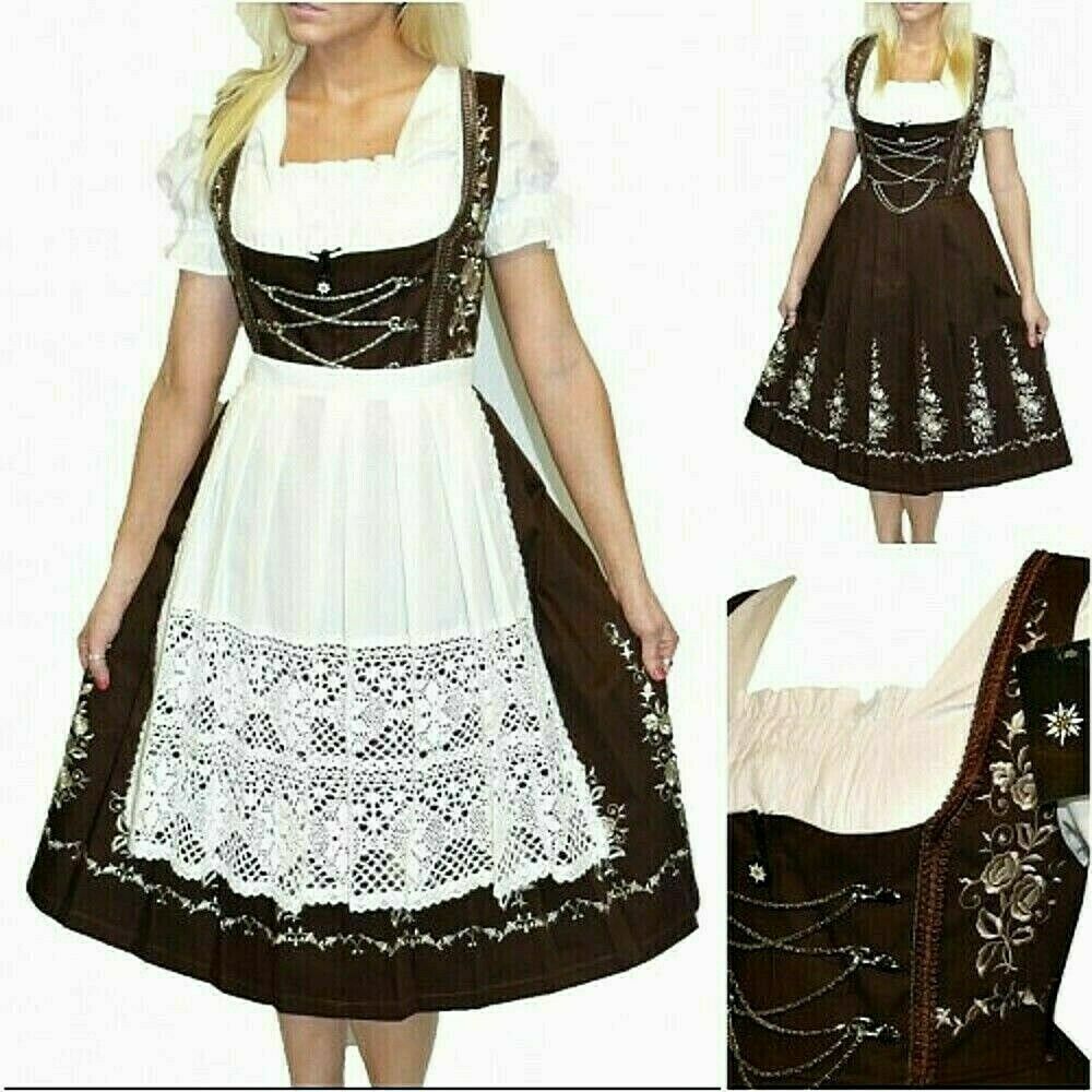 M 10 Brown Long German Dirndl Dress Oktoberfest Party Lace EMBROIDERED Waitress