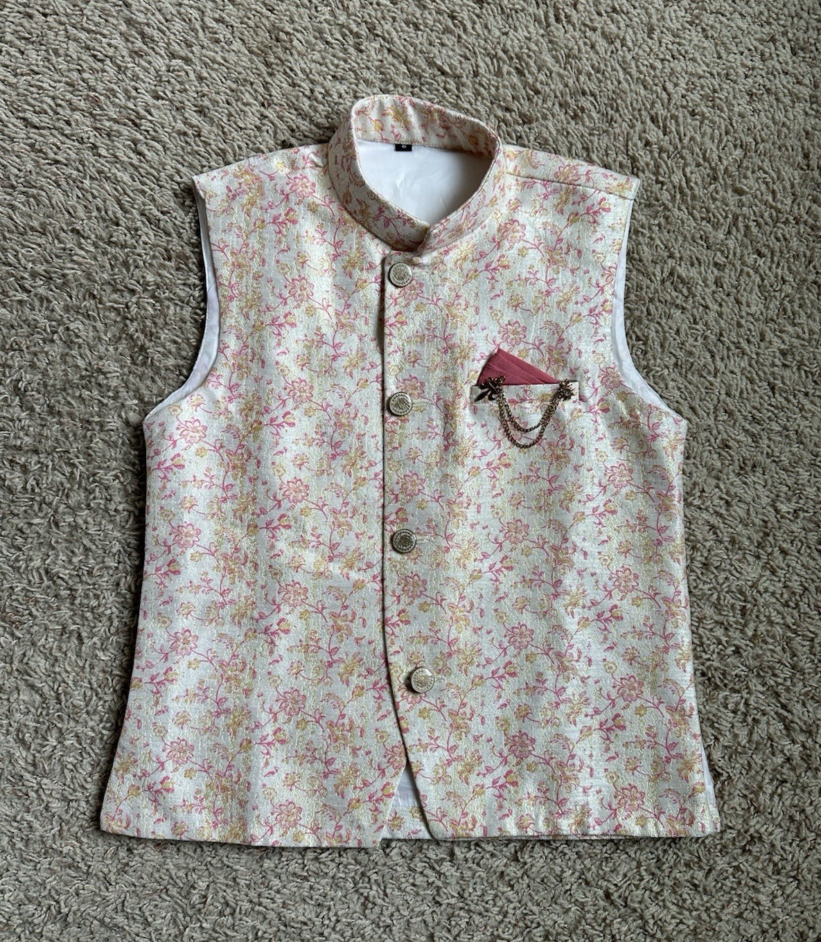 Ivory Floral Sleeveless Kurta Vest Size M, Decorative Chain, Pocket Square