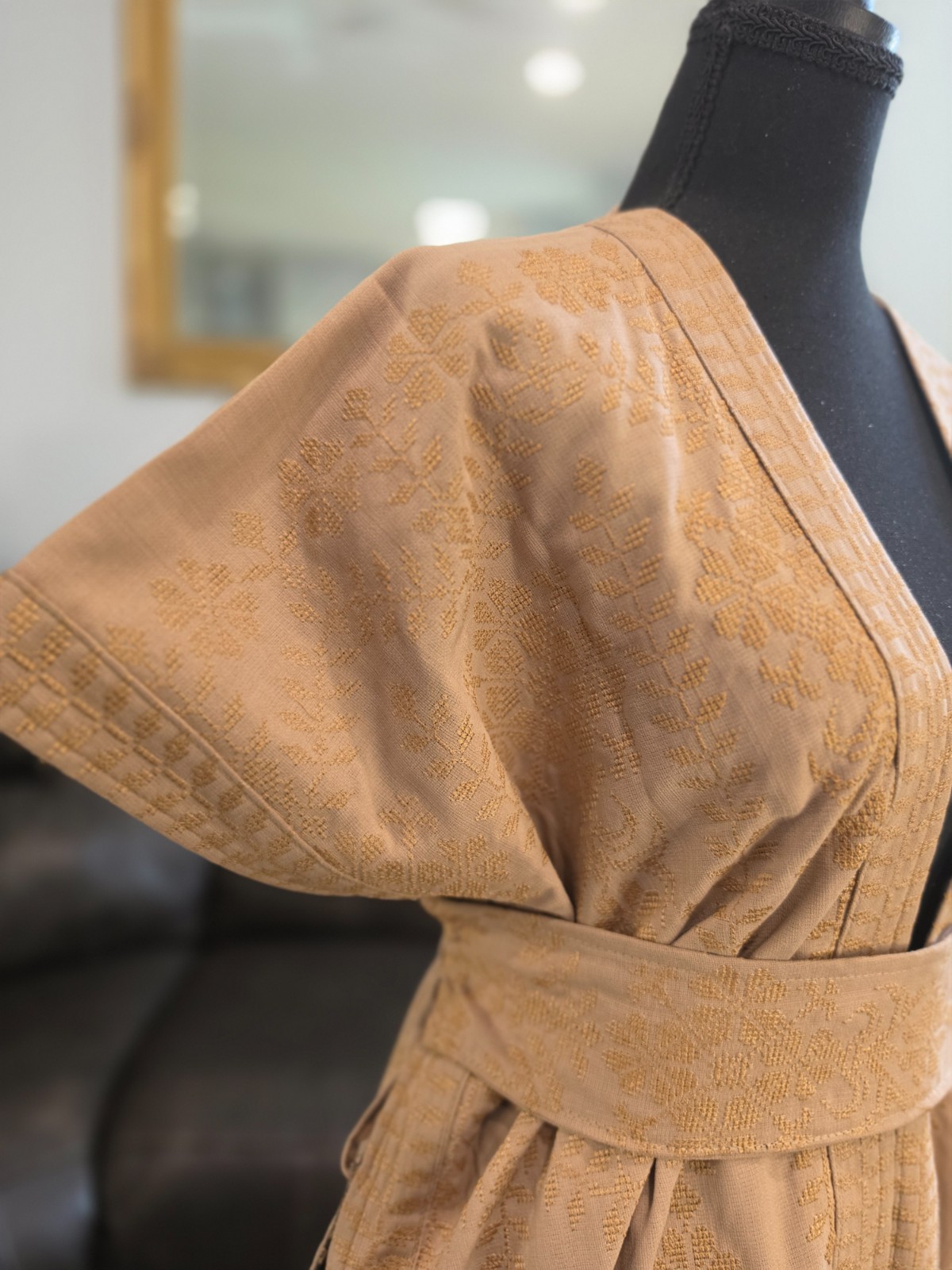 Palestinian Jordanian Beige Tatreez Abaya Thobe with Gold Embroidery & Belt