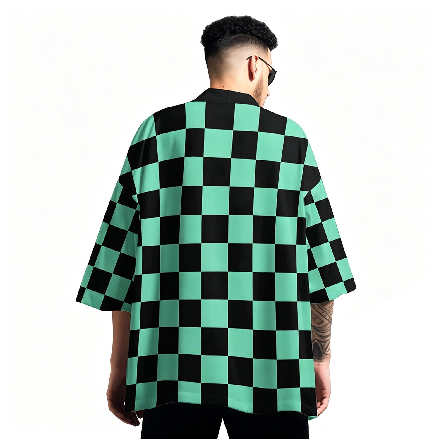 Niepce Men’s Japanese Graphic Lightweight Green Checker Kimono Cardigan Shirt