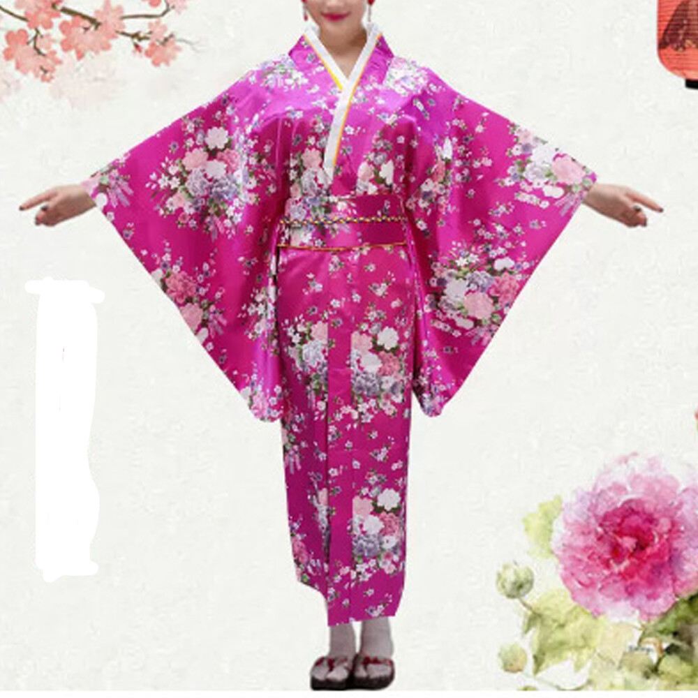 Japanese Women Traditional Kimono Imitation silk Yukata cherry blossom festival
