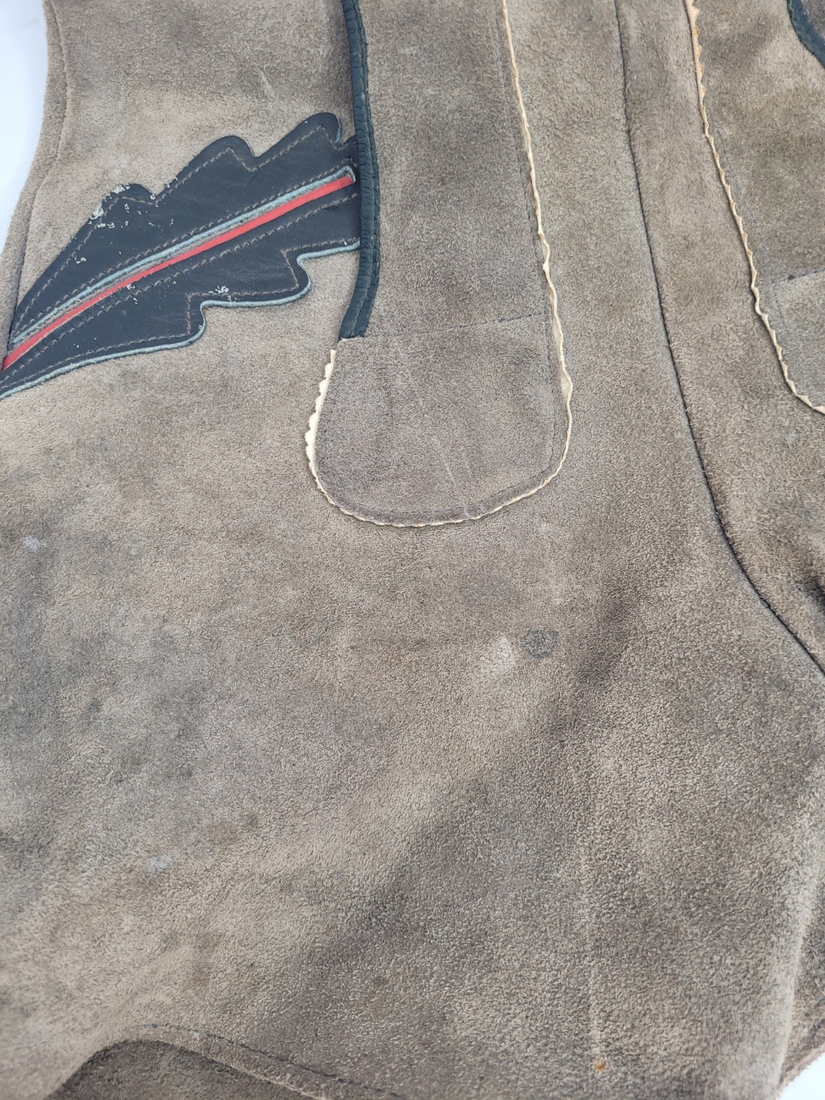 Vintage Youth Kids Lederhosen Short Suspenders Grey Red & Brown Leather Trim