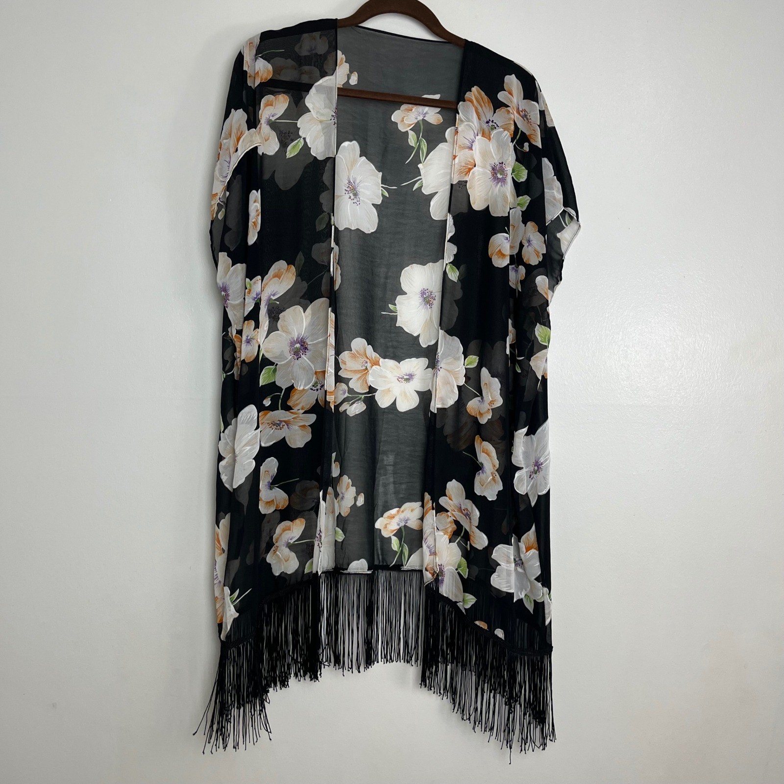 VTG Dark Romantic Floral Chiffon Fringe Kimono Black Sheer Boho Cover Up OSFM