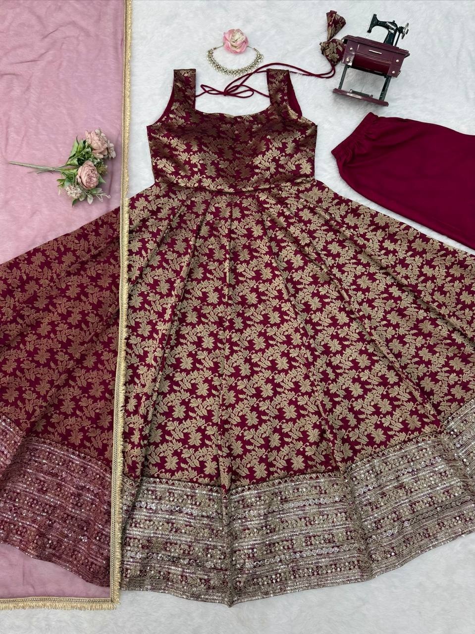 Stylish Look Chanderi Jacquard Maroon Gown Bottom With Dupatta For Party Wear
