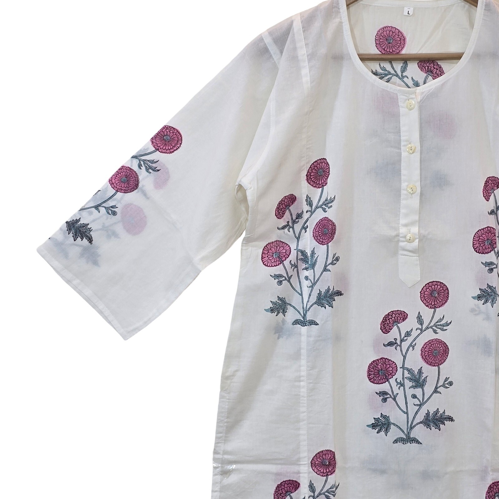 Hand Block Print Kurta Indian Cotton For Women White Jaipuri Block Print Kurta