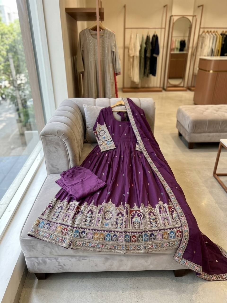 New Launching Pure Chinon Silk Wine Gown Bottom With Dupatta For Festival Wear