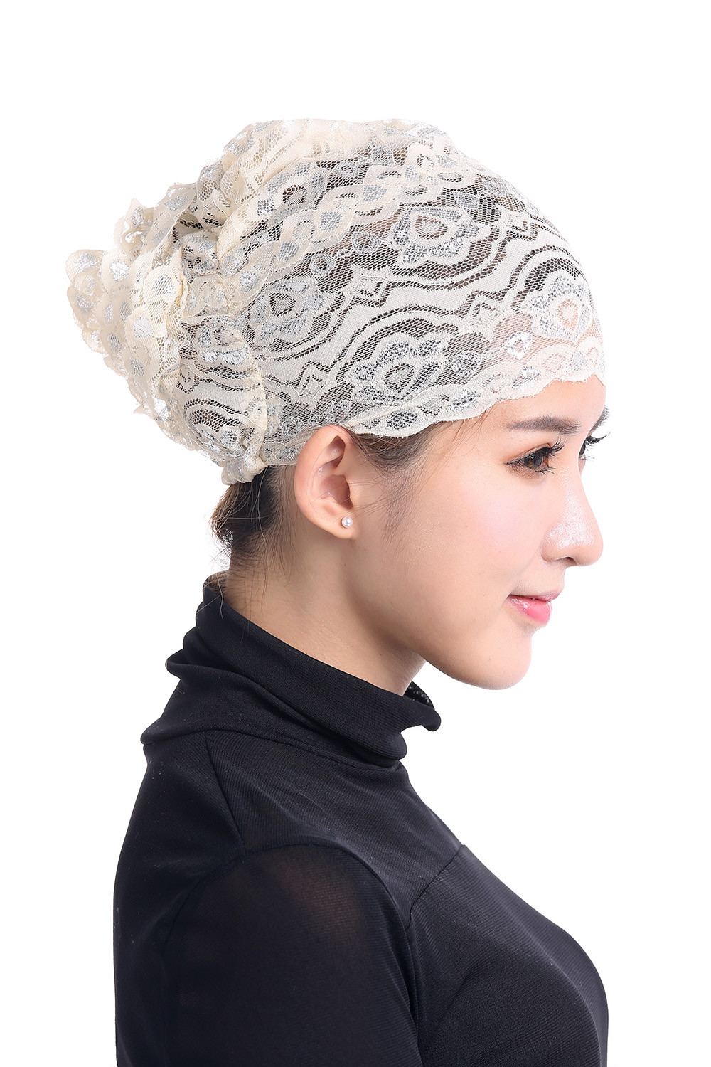 Muslim Womens Inner Hijab Cap Lace Flower Turban Headwear Islamic Headscarf Hats