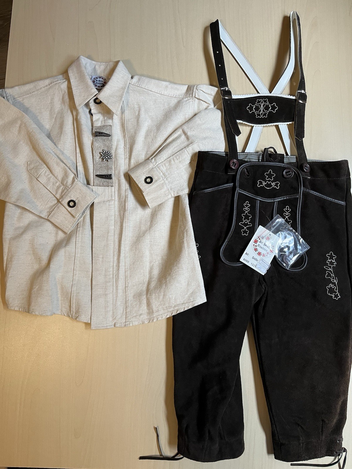St Peter Trachten Suede Spat & Linen Shirt Octoberfest – not worn (boys 6-7)