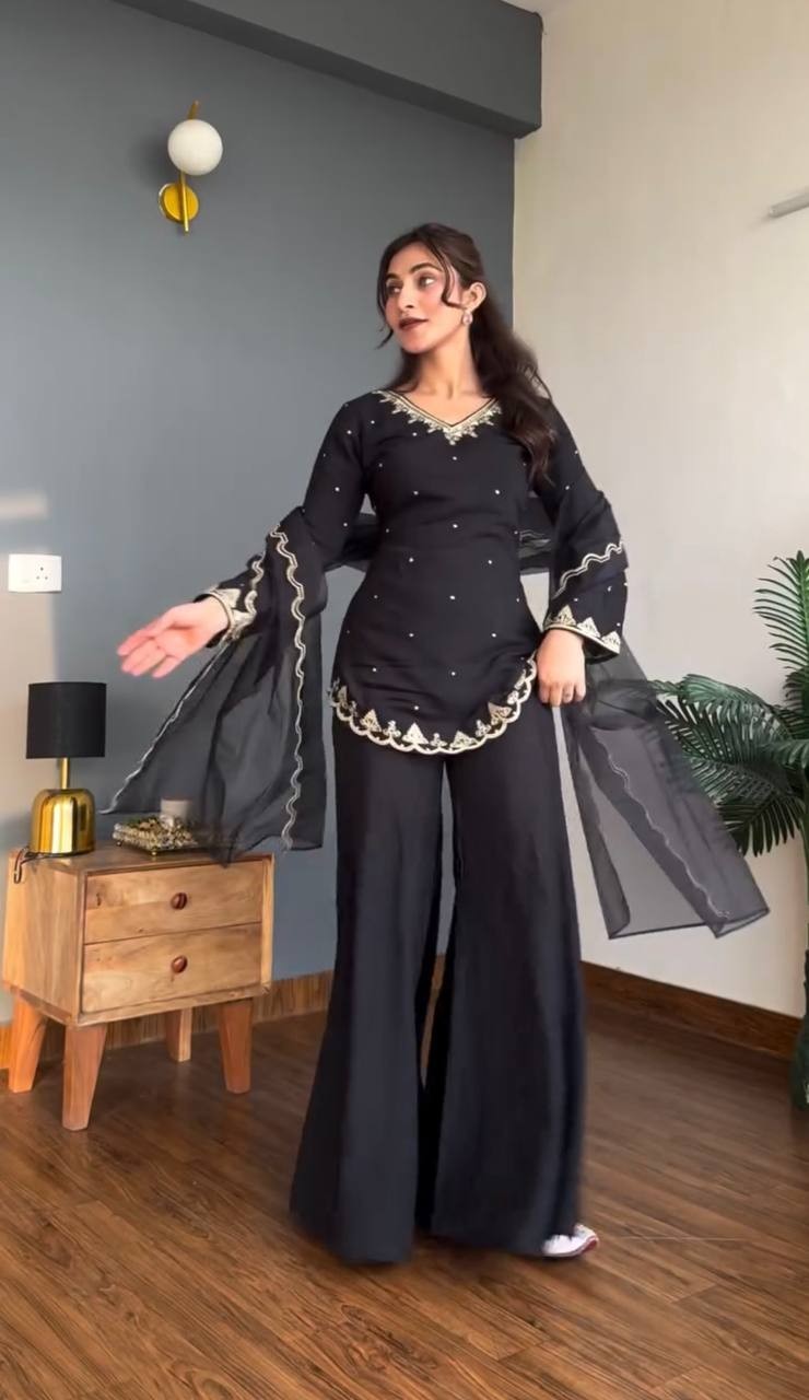 Latest Heavy Natural Crep Silk Black Top Palazzo With Dupatta For Festival Wear