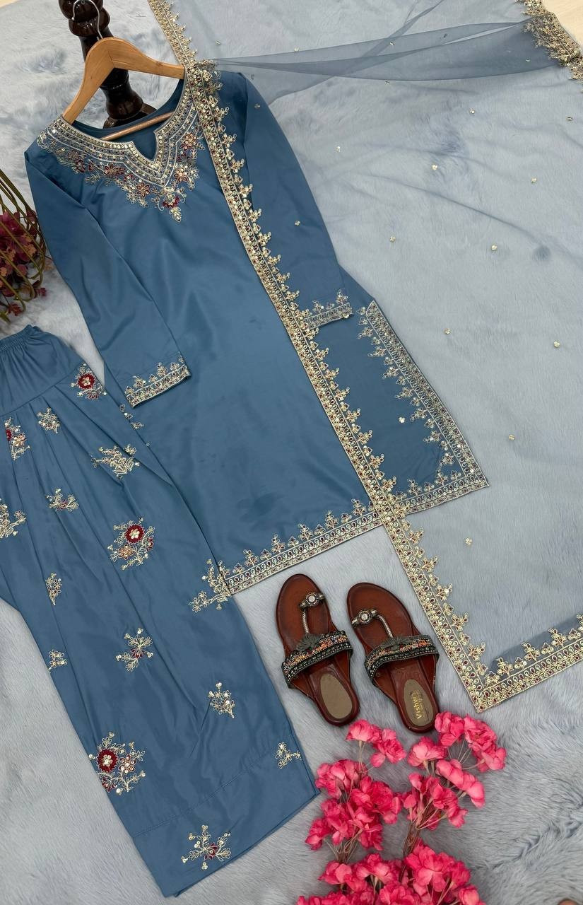 Pakistani Style Natural Crepe Blue Farshi Plazzo Suit with Embroidered Work