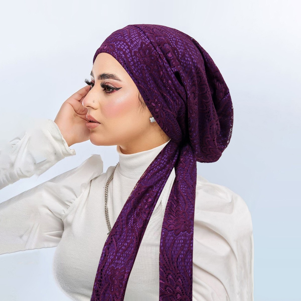 Solid Color Lace Women Turban Cap Elegant Muslim Fashion Strap Hollow Out Scarf