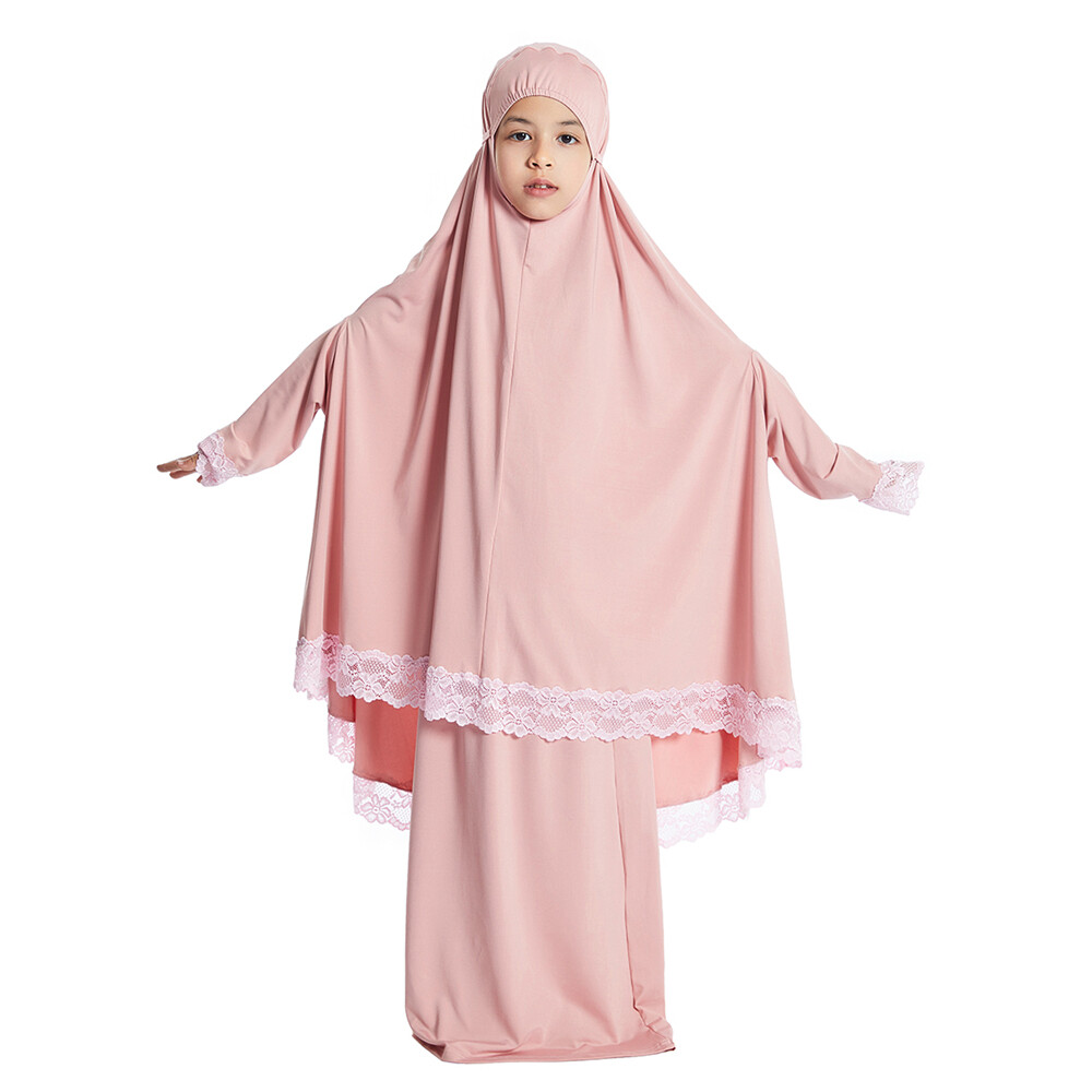 Two Piece Girls Kids Overhead Khimar Hijab Skirt Set Muslim Girls Prayer Dress