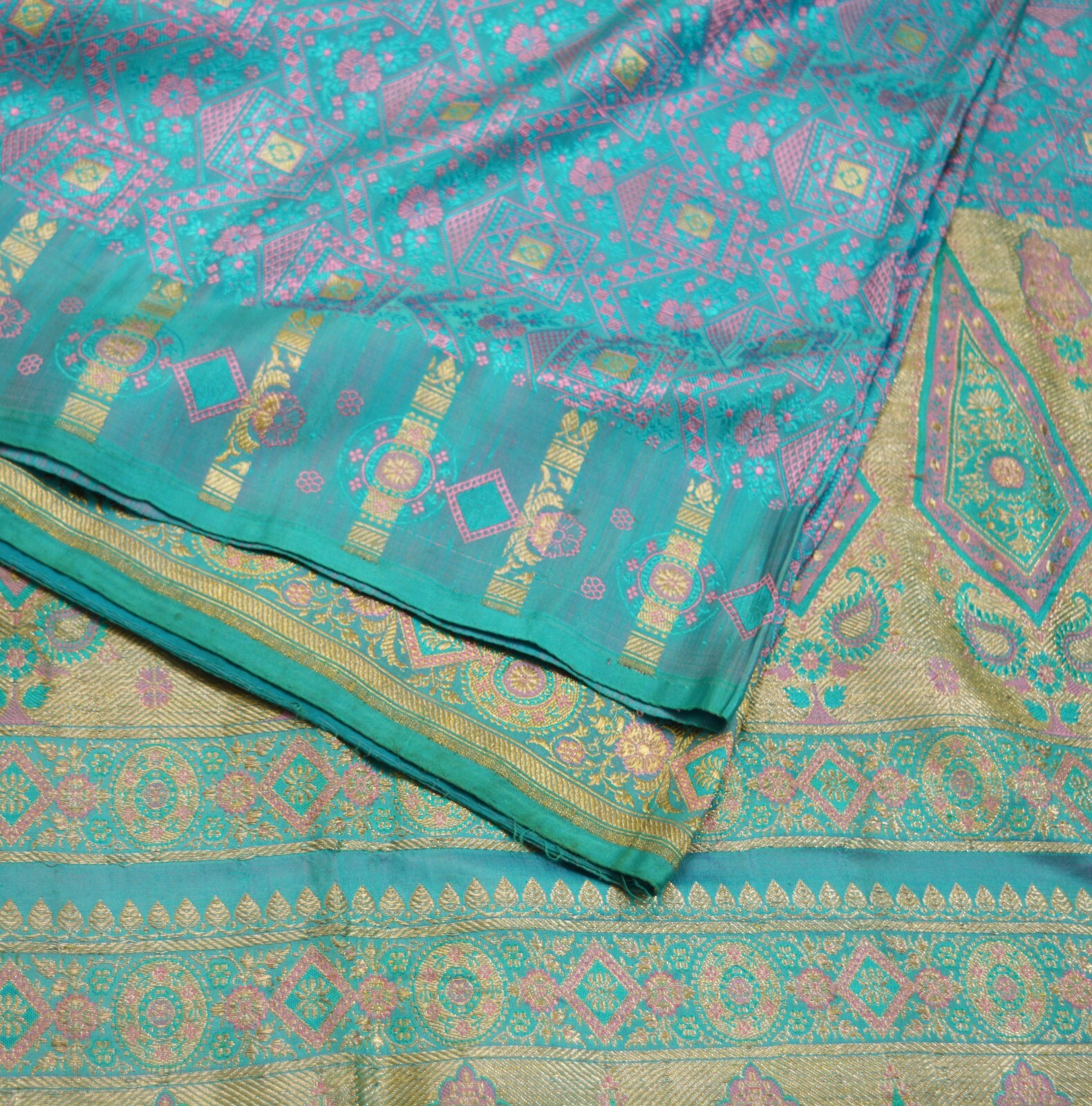 Vintage Heavy Saree Pure Silk Blue Woven Brocade Indian Sari Fabric 5Yard Zari