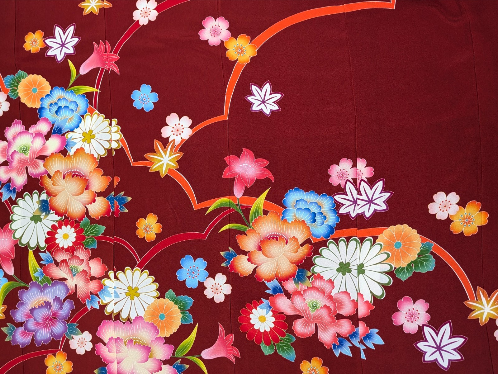 Japanese Kimono Silk Furisode Red Clouds Yuzen Colored Floral Big Oni-chirimen