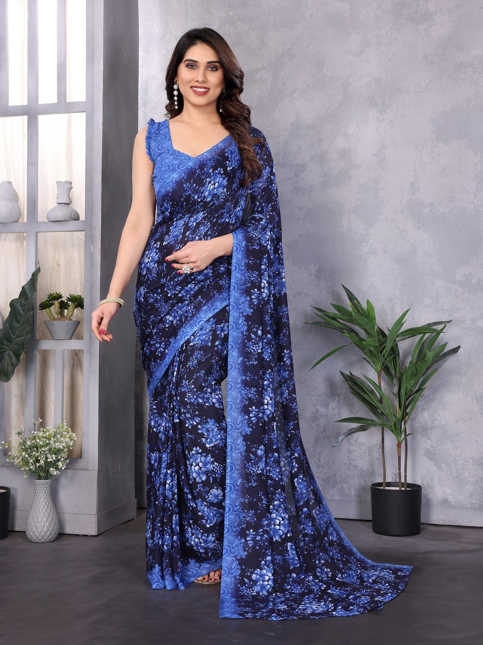 Printed Daily Wear Georgette Saree (Blue)
