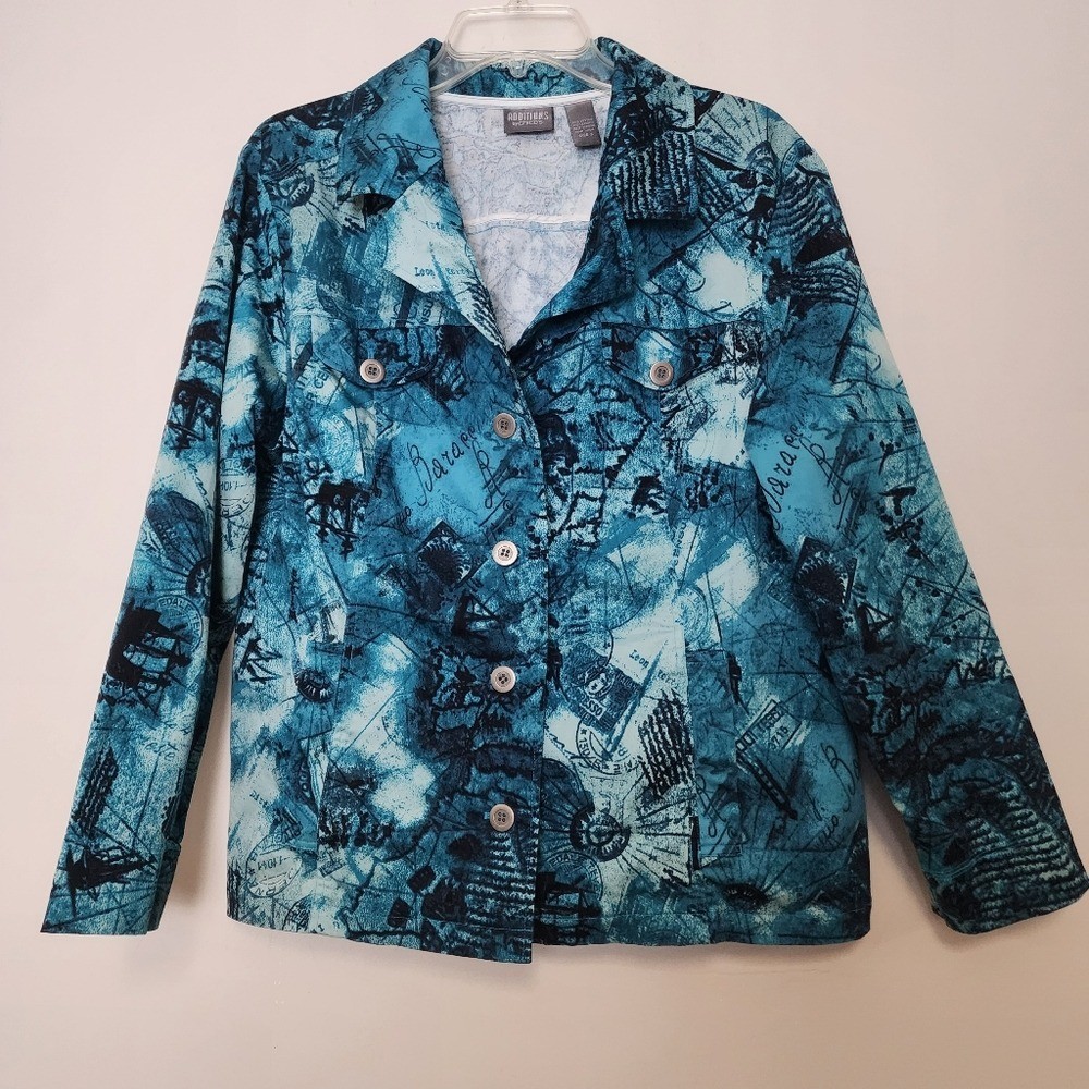 Additions by Chicos Blue Travel Map Print Jacket turquoise blue blazer