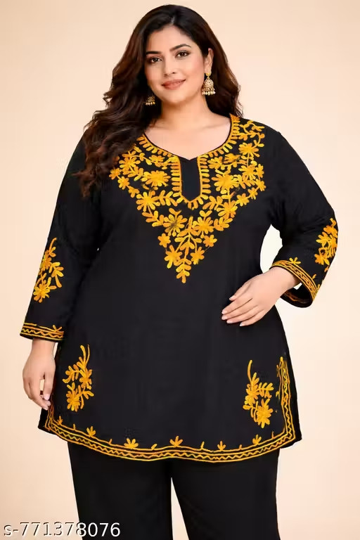 Plus Size Kashmiri Style Floral Rayon Top Mustard Black Women’s Kurti XL to 6XL