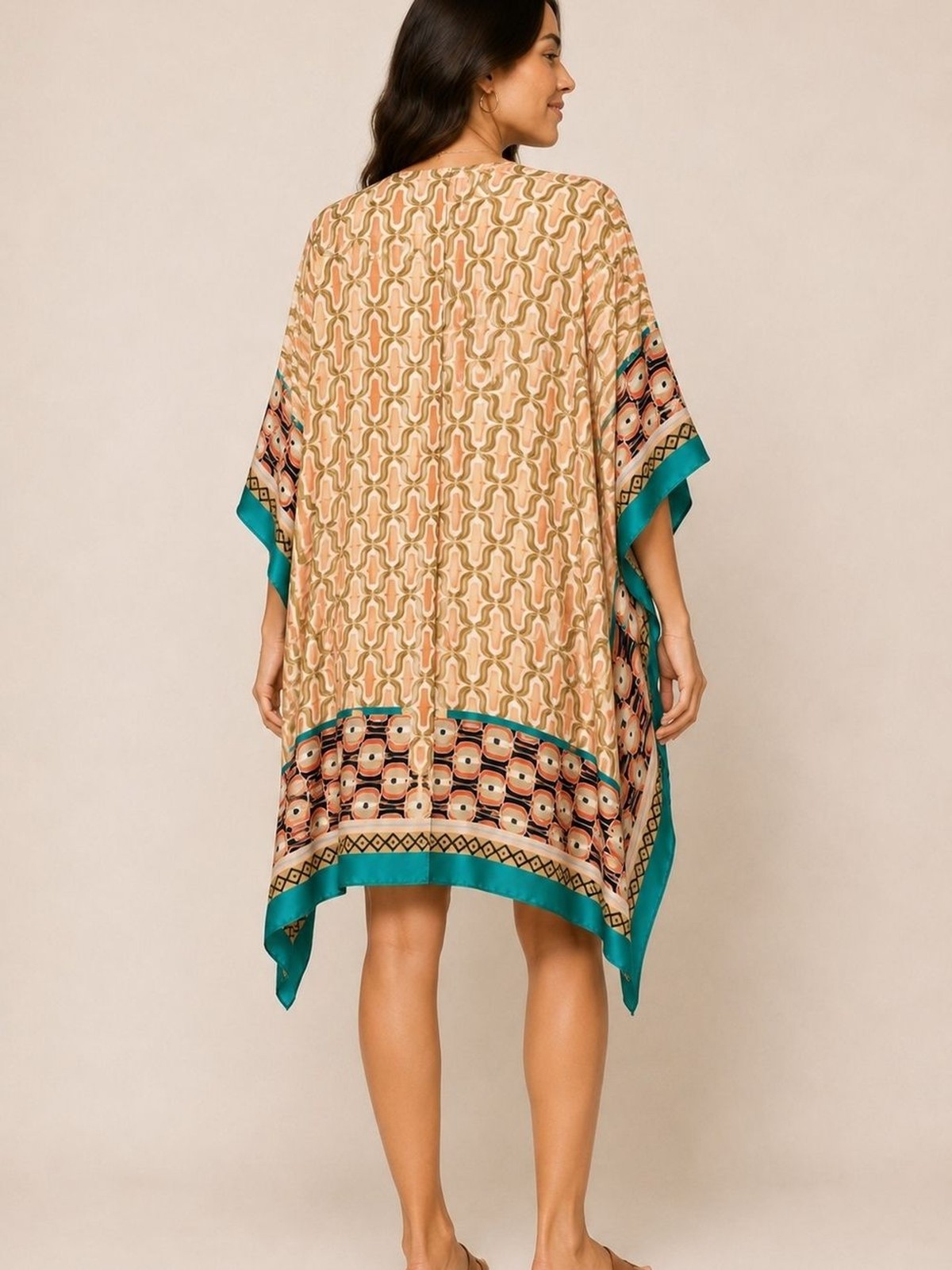 Boho Patterned Kimono Cover-Up in Teal & Peach – NWT