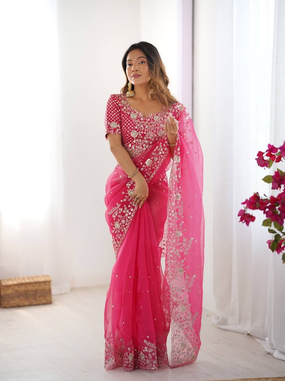 Attractive Look Heavy Organza Silk Pink Saree With Blouse For Function Wear