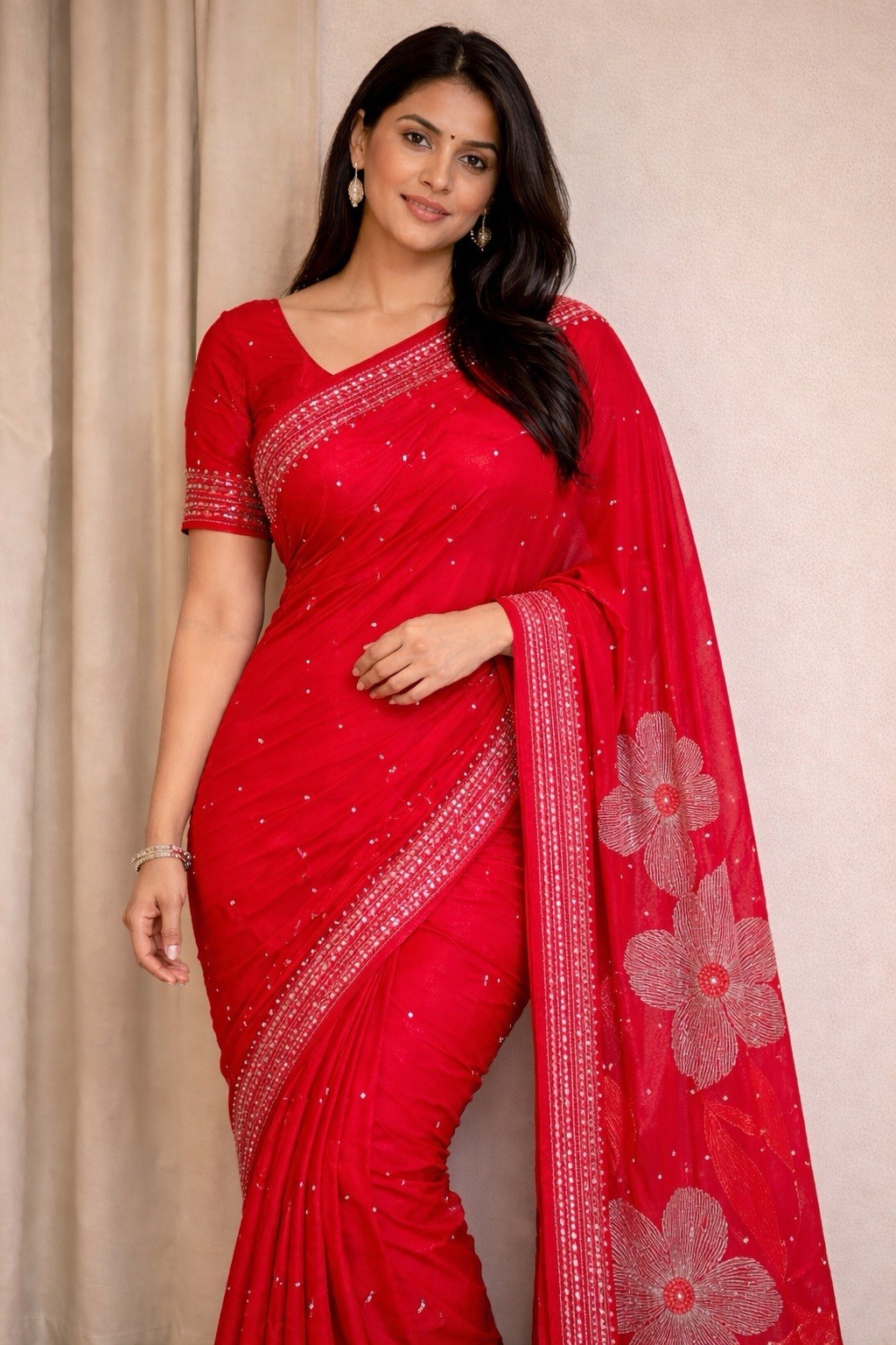 Red Silver silk Floral Sequin Embellished Saree with Blouse for Women Free Size