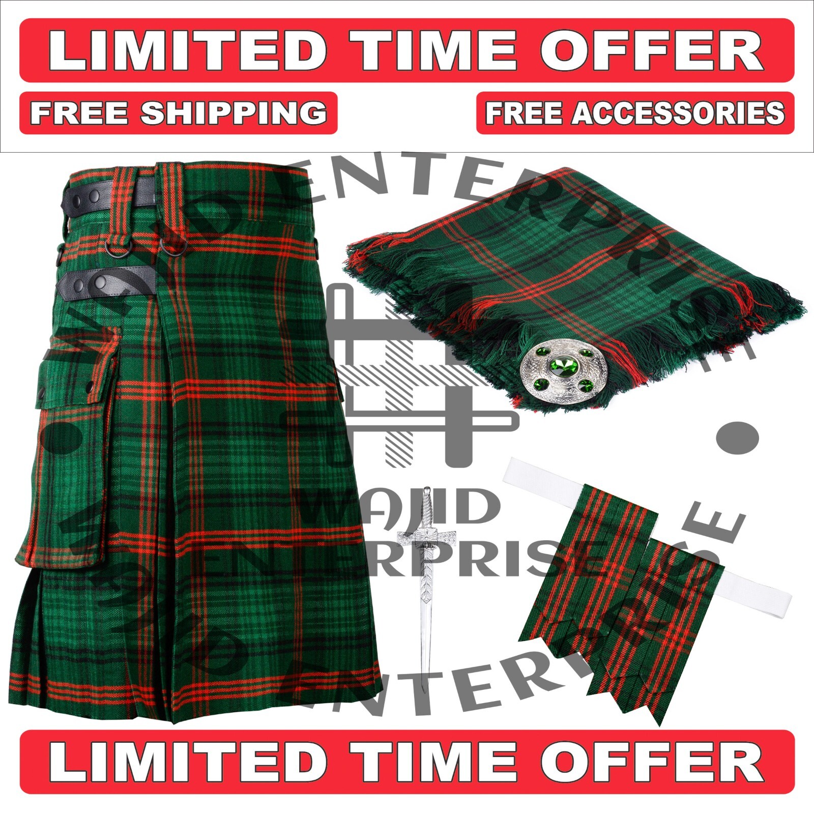 Scottish Handmade Ross Hunting Modern tartan utility Kilt & Accessories for Men