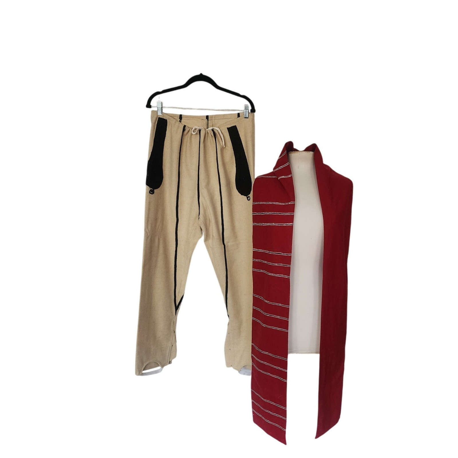 Antique Bulgarian Folk Costume Ethnic Mens Pants Embroidered Cream Wool + Scarf