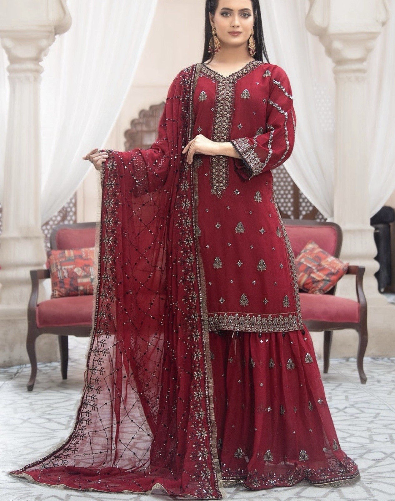 Luxury Chiffon Crimson Royale Sharara Set
