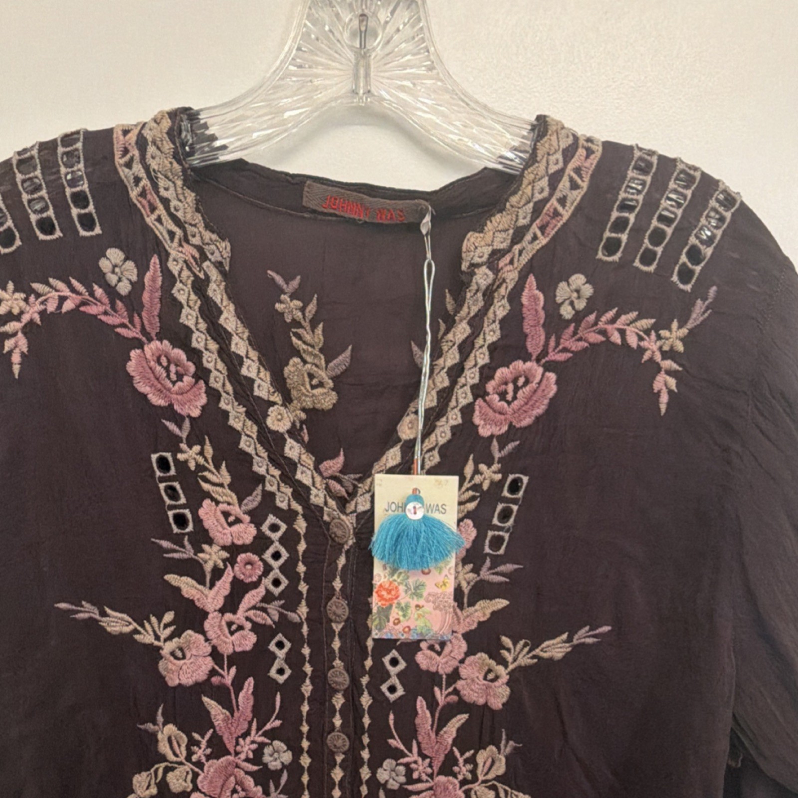 Johnny Was Brown Cotton Embroidered Kurti Floral Design Women’s Size M