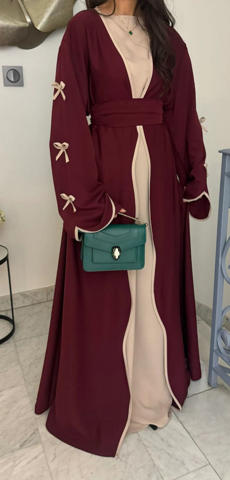 Muslim Eid Gown Modest Abaya Women Bow Batwing Sleeve Kaftan Dress Waist Robe