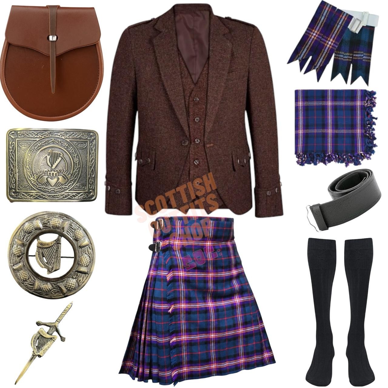 Men’s Scottish Brown Tweed Jacket & 5 Yard Kilt 10 Pieces Kilt Outfit