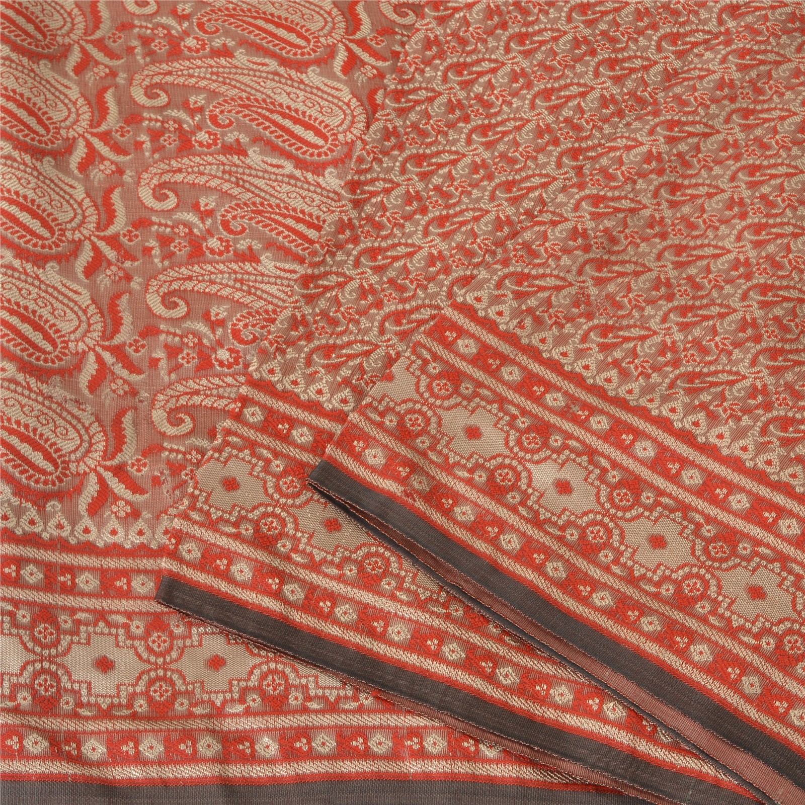 Sanskriti Vintage Red Sarees Blend Silk Brocade Banarasi Woven Fabric Craft Sari