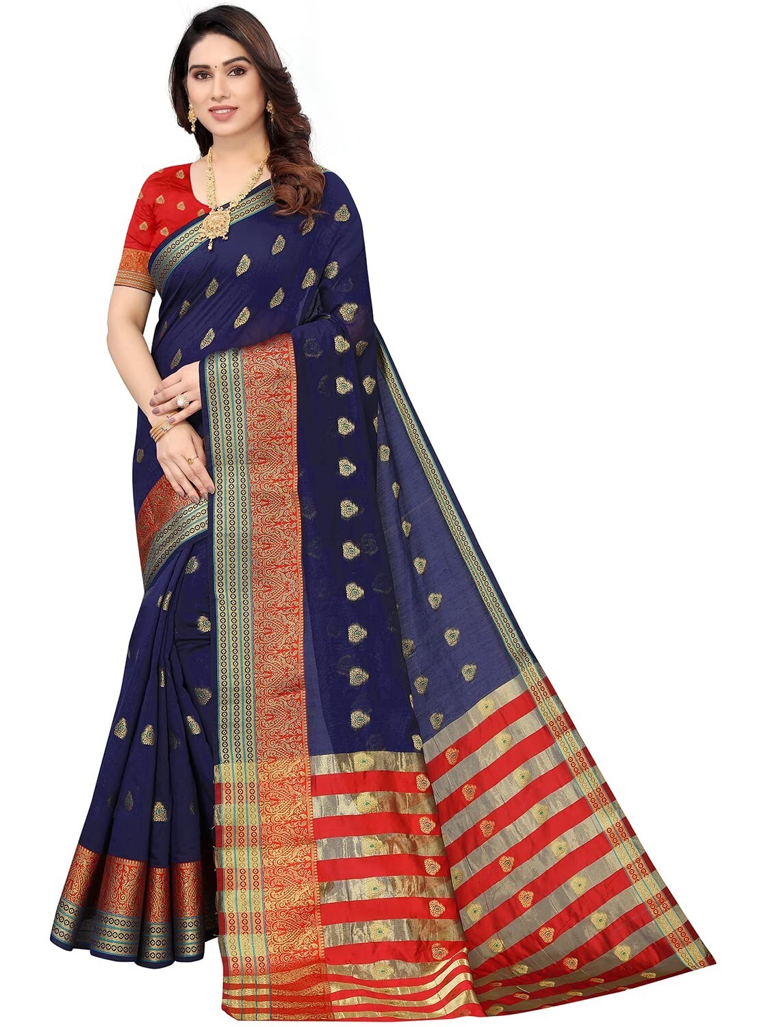 Women’s Jacquard Cotton Blend Golden Zari Woven Saree With Running Blouse Piece