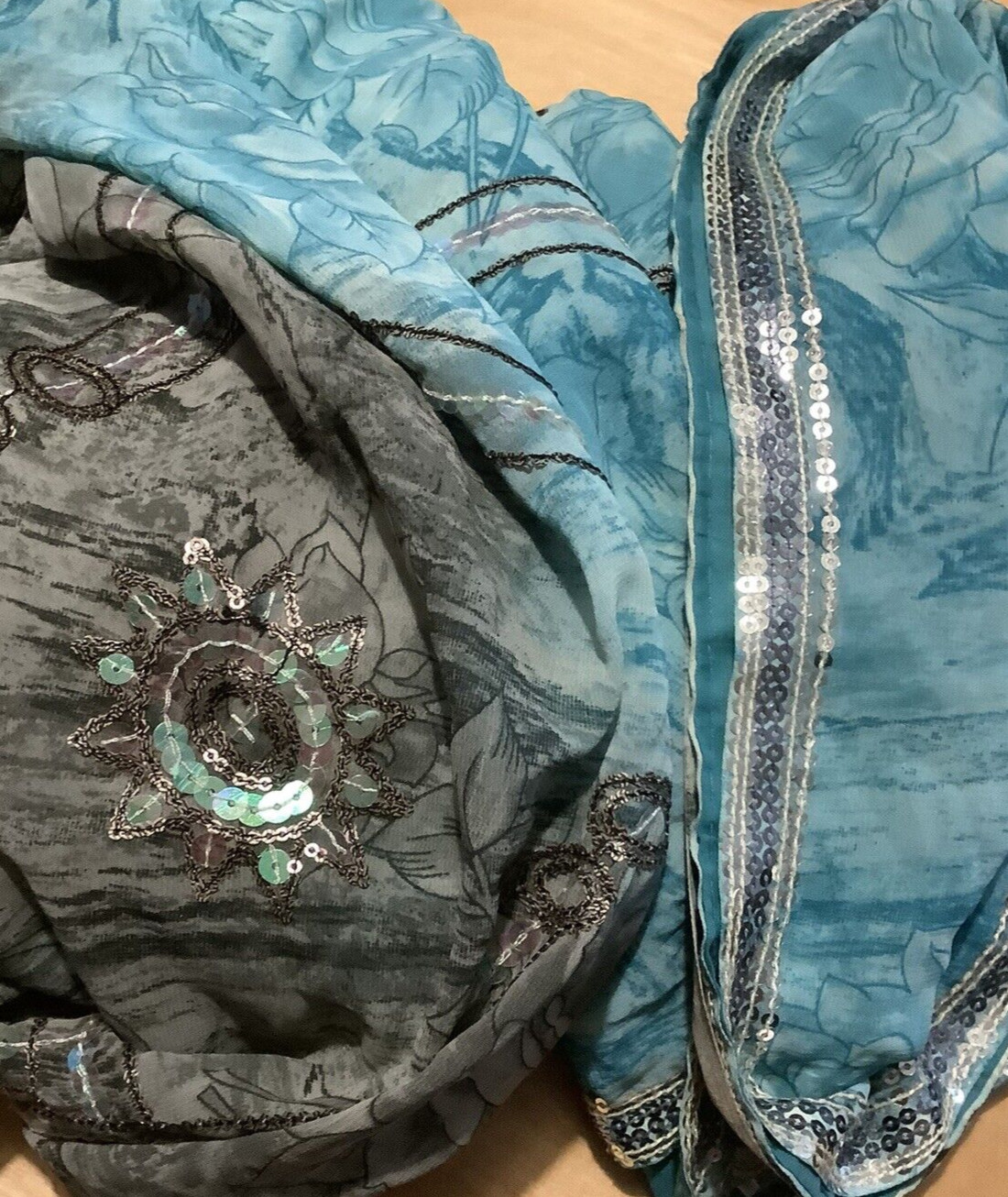 Indian Women Aqua Blue & Gray-Green Sequins Saree/Sari Wrap Dress