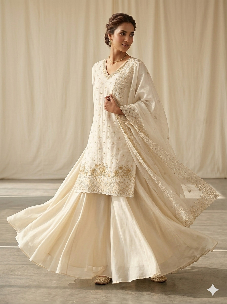 White Embroidered Kurta Palazzo Dupatta Set Elegant Pakistani Ethnic Dress for L