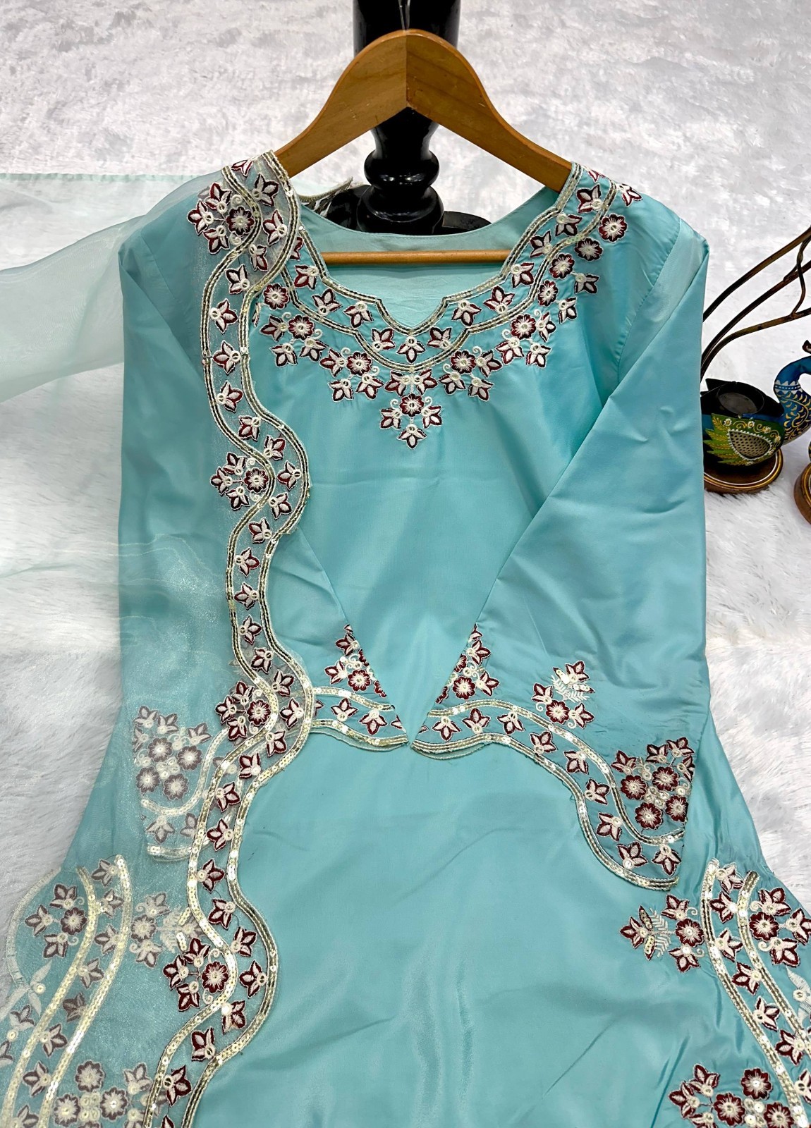 Latest Stylish Heavy Natural Crep Sky Blue Top Palazzo With Dupatta For Party