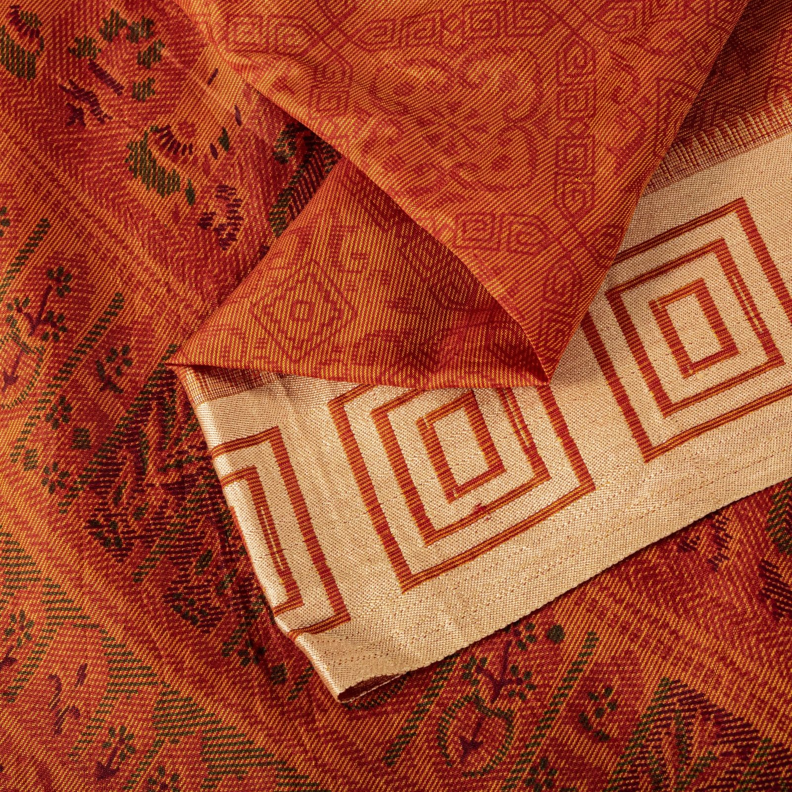 Sanskriti Vintage Orange Pure Silk Saree Geometric Print 6Yard Sari Fabric Craft