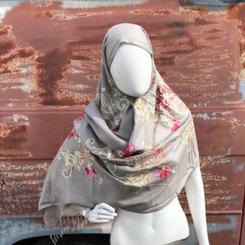 Seattle Grey Embroidered Scarf Shoulder Wrap Muslim Hijab Paisley Print Shawl