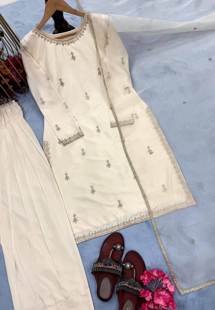 Glam Natural White Satin Farshi Plazzo Suit Set Ensemble with Organza Dupatta