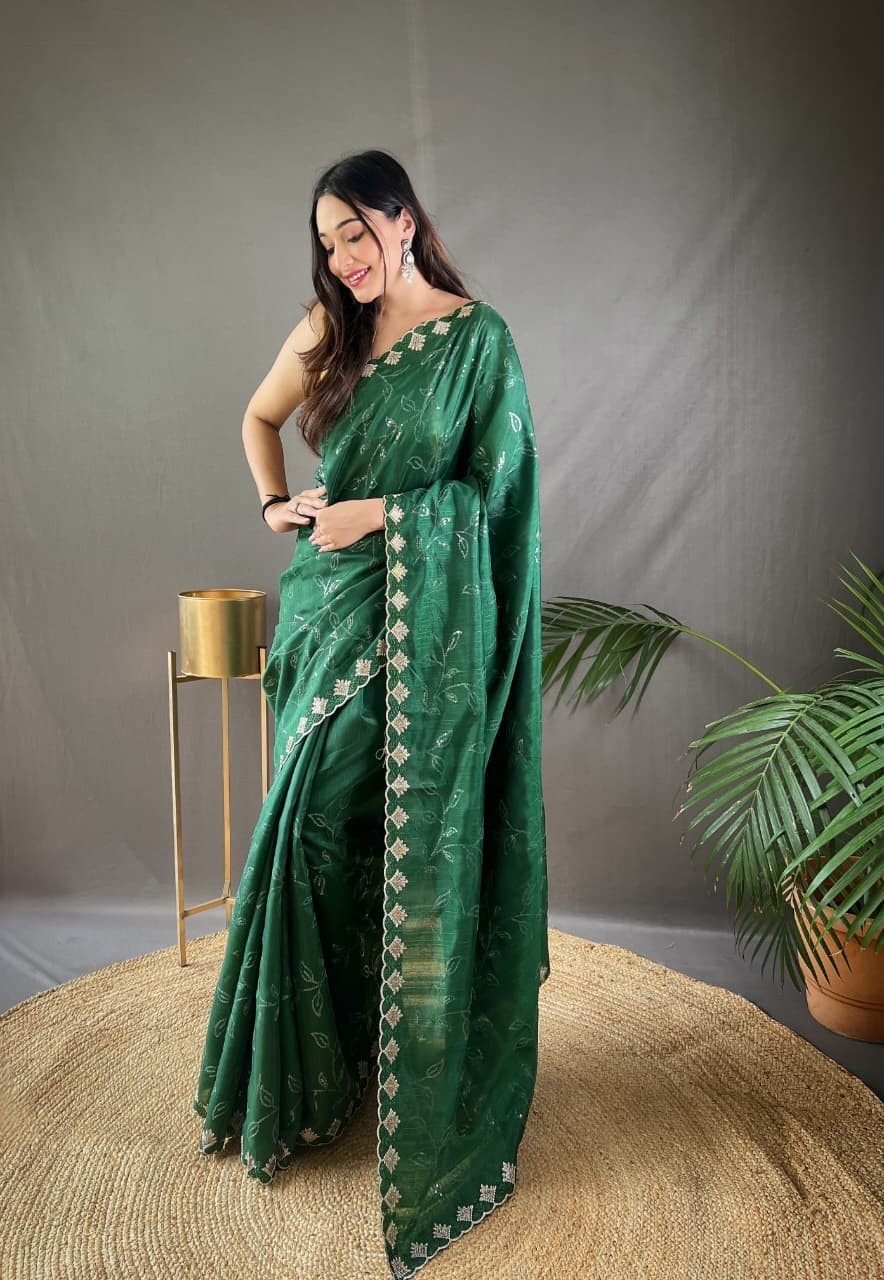 Women’s Pure Ruhi Silk Saree Jal Sequin Work Cutwork Border Party Wear Blouse