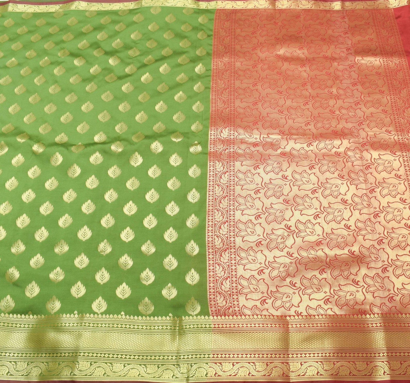 Banarasi Art Silk Saree Blouse Fabric Henna Green Leaves Gold Zari Weaving Sari