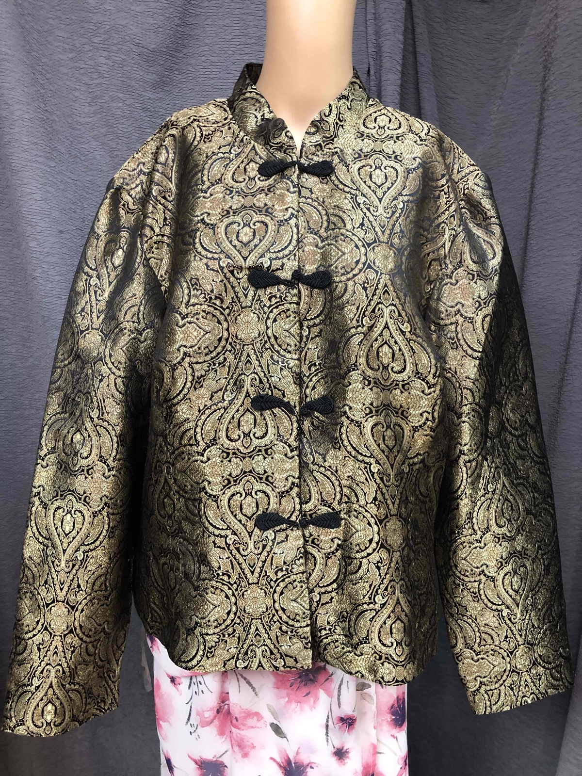 METAPHOR Gold Black Brocade Asian style Jacket Mandarin Collar Womens XL