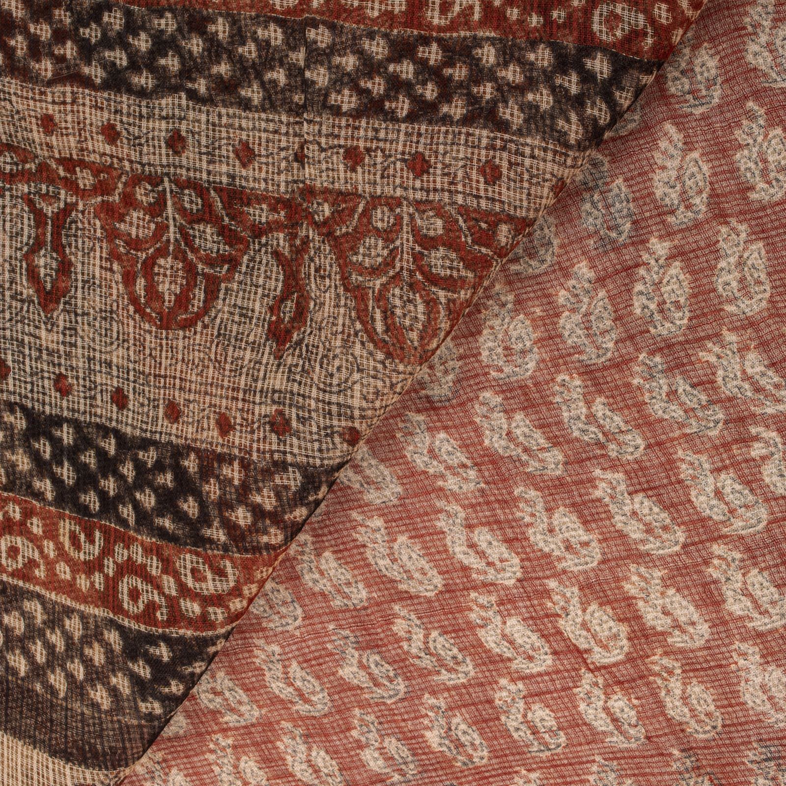 Sanskriti Vintage Kota Saree Brown Pure Cotton Hand Block Print Sari 5.5+Fabric