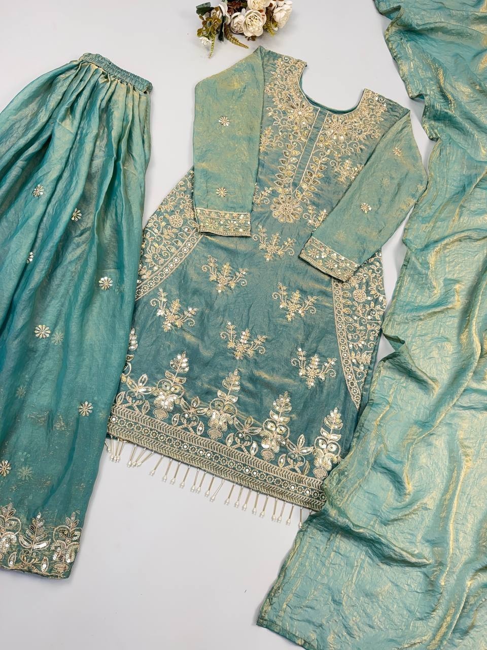 Designer Pakistani Readymade Silk Sharara Suit Embroidery Dupatta Set