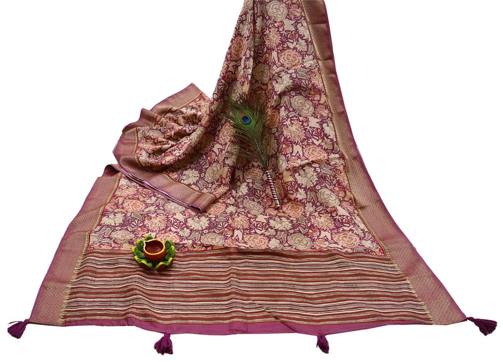 Vintage Purple beige Pure Khadi Silk Saree 5Yd Handloom Indian Sari Soft Fabric