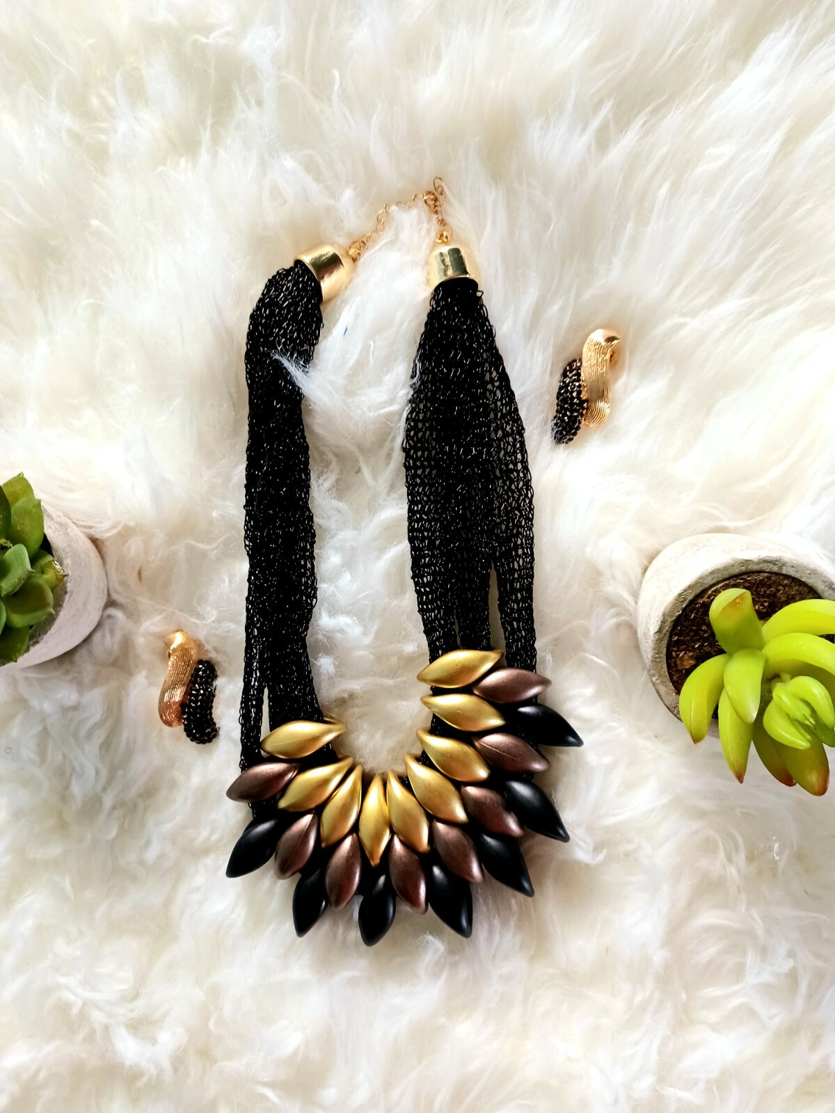 Trendy, versatile gold plated bead necklace and earrings