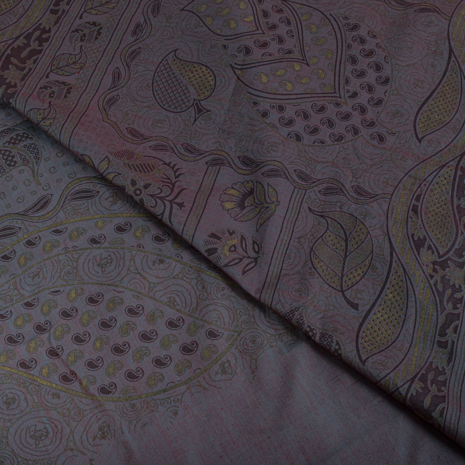 Sanskriti Vintage Saree Grayish Blue Blend Cotton Golden Paint Craft Fabric Sari